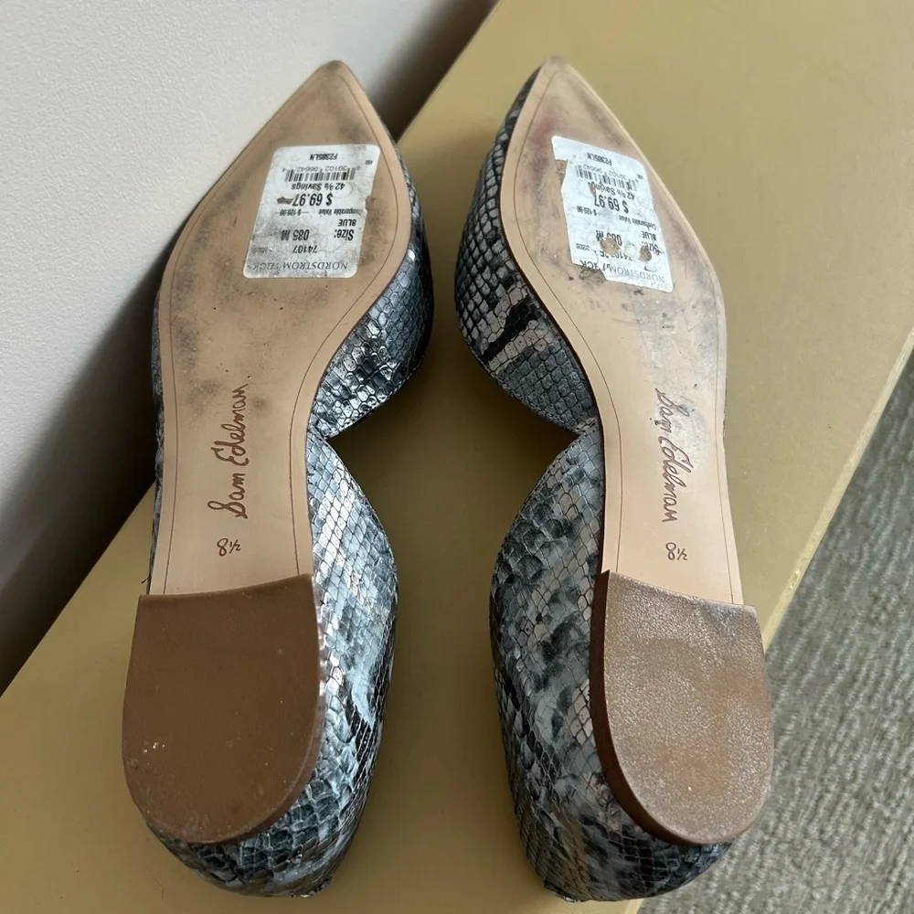 Sam Edelman Pointed Snake-Print Flats in Gray and Blue - Picture 5 of 6